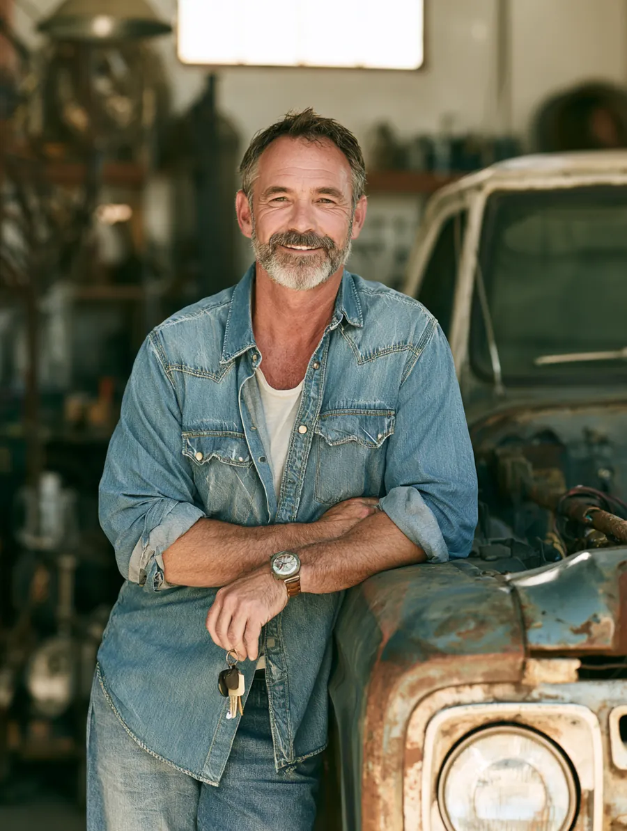 Owner leaning on his repaired pickup truck with keys after arranging flex loans online financing