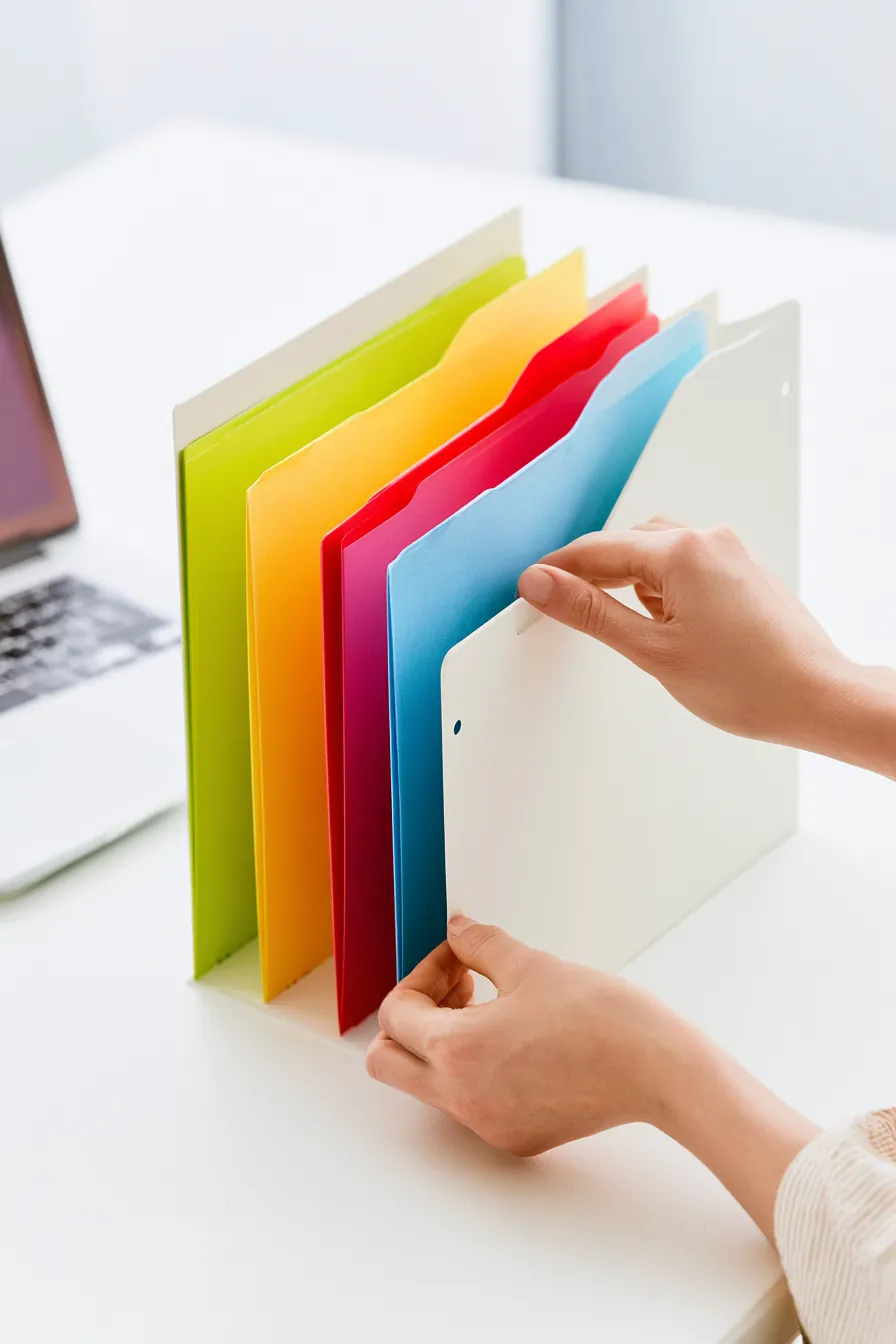 Filing a colored folder into an upright organizer after consolidating personal loan paperwork
