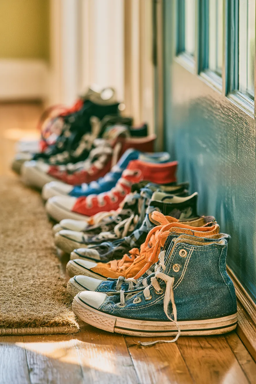 Family sneakers lined up by the door, the household routine a bridged paycheck protects
