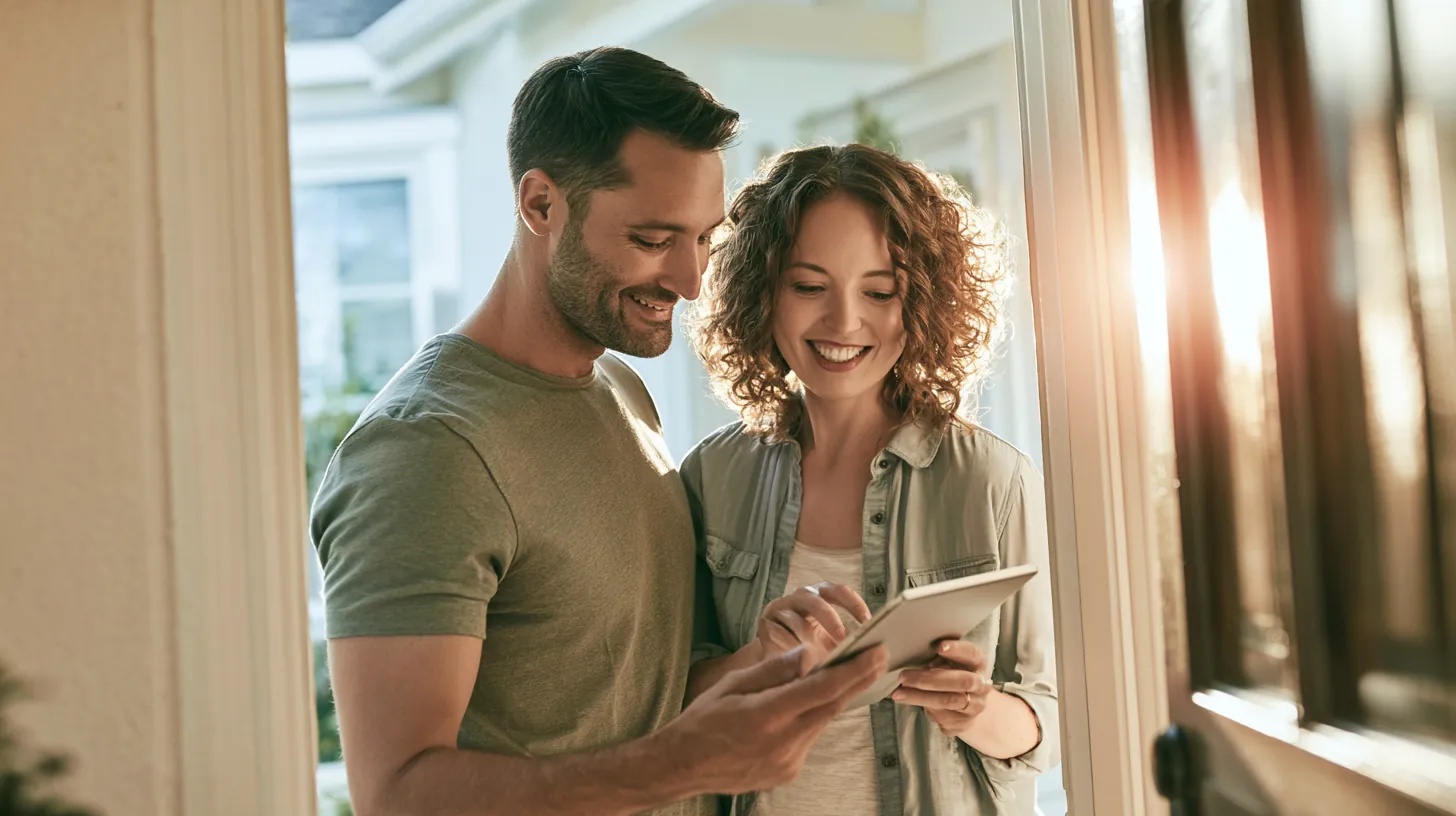 American couple at their front door reviewing flex loans online offers on a tablet