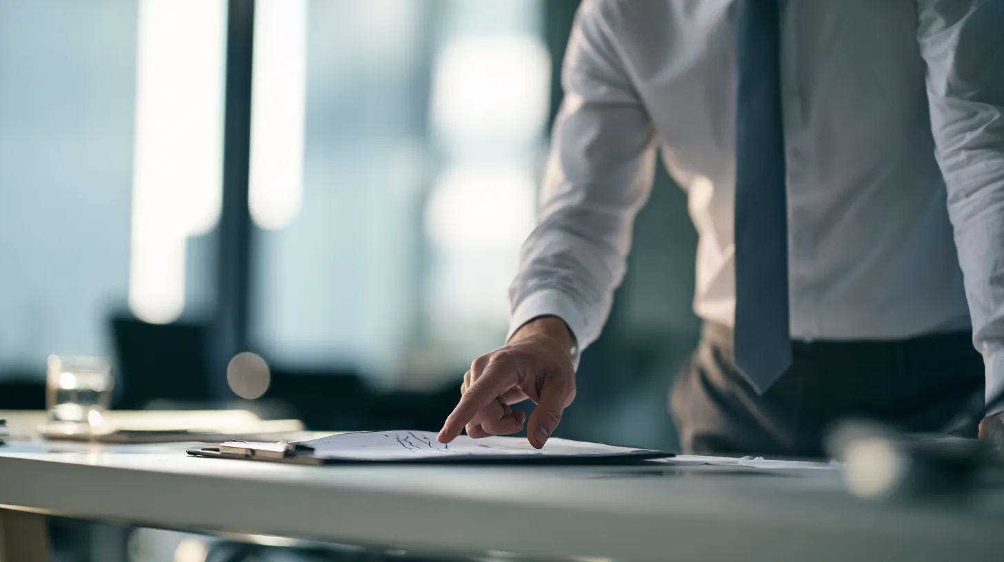 Businessman pointing at a printed rate graph while comparing loan offers