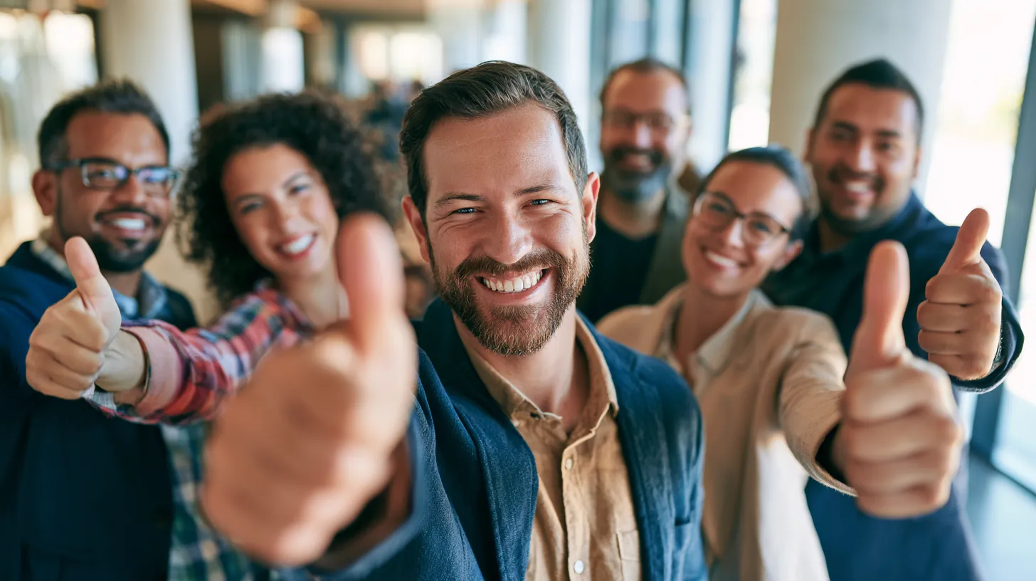 Group of customers giving thumbs up in a bright modern lobby